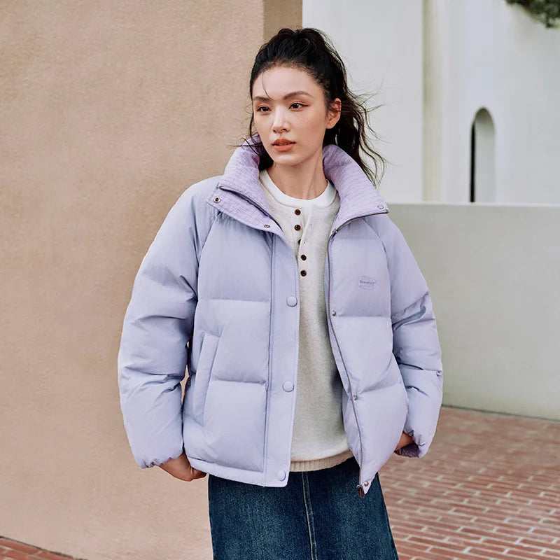 Semir Textured Down Jacket Stripe Patchwork Women 2026 Winter College Style Loose Fit Stand Collar Fashion Outerwear