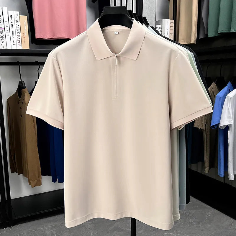 Men's Half-Zip Polo Shirt Light Beige Breathable Casual Slim Fit Stretch Cotton Classic Collar Business Casual Tops