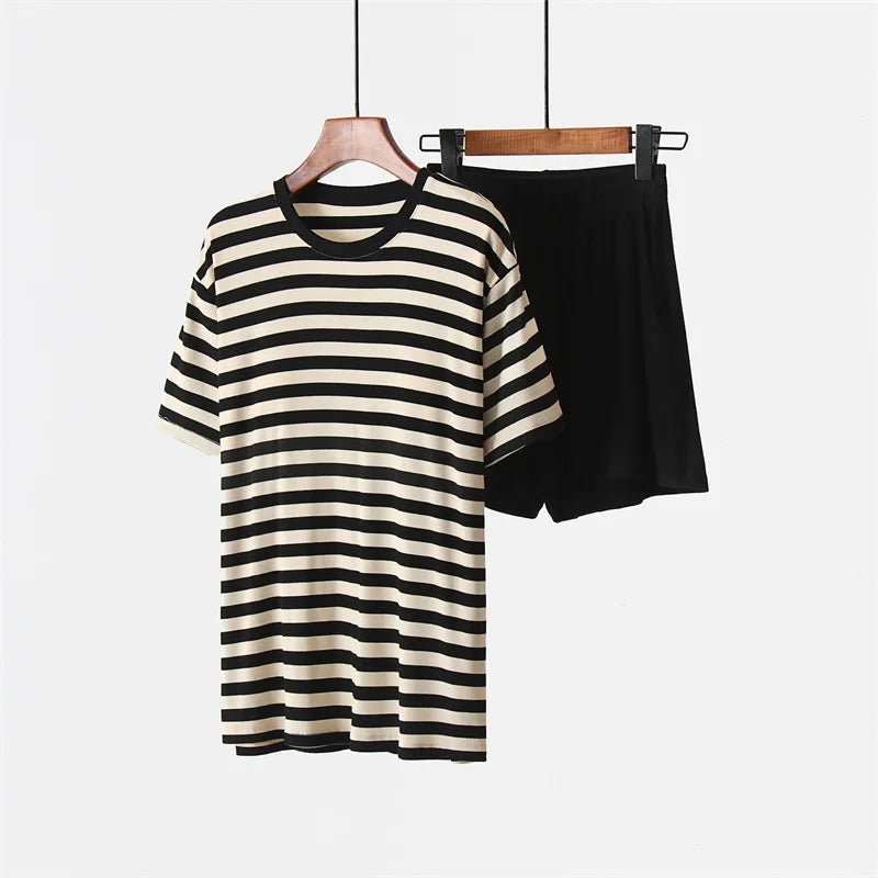 Korean Summer Pajamas Plus Size Comfortable Women's Sleepwear Set Fashion Striped Short Sleeve Shorts Suit Loose Home Wear