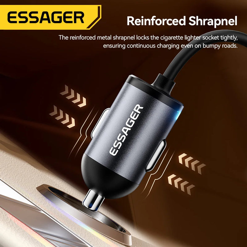 ឆ្នាំងសាករថយន្ត Essager 30W 2 ក្នុង 1 Spring Cable រន្ធ USB-A និង USB-C/Lighting សាកលឿនសម្រាប់ iPhone 17 16 15 14 13 12 Samsung