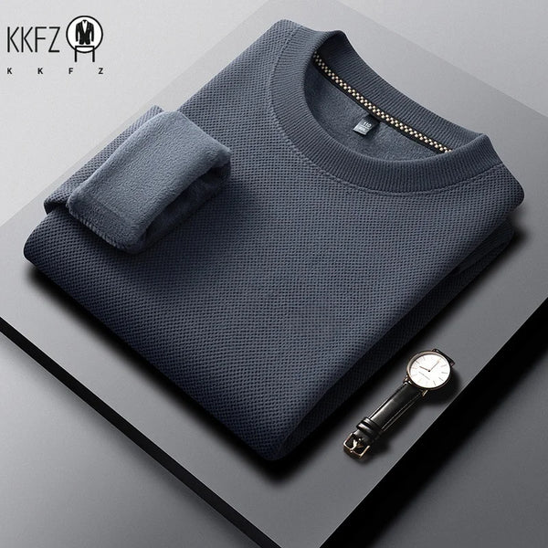 Mens Winter Long Sleeve Knit Top Waffle Texture Fleece Lined Round Collar Comfortable Business Leisure Shirt
