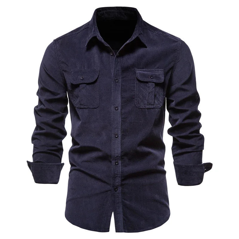 2027 New Men's Long-Sleeve Corduroy Shirt, Single-breasted Lapel, with Two Chest Pockets. Available in Gray, Blue, Green, Brown.