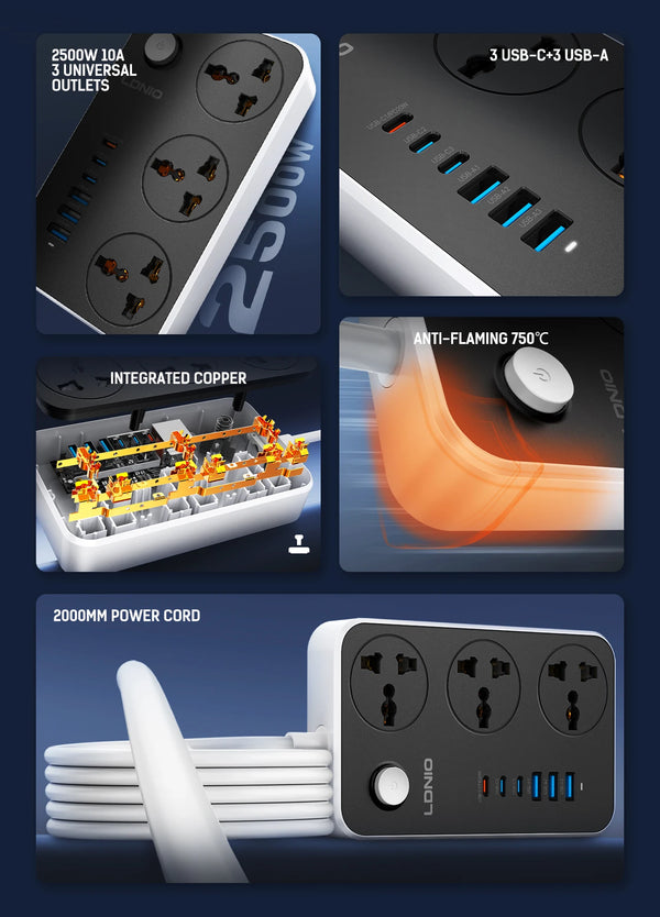 បន្ទះ ភ្លើង សកល LDNIO ប្រភេទ C 6 រន្ធ USB 3 ផ្លូវ រន្ធ ដោត AC រន្ធ ដោត ភ្លើង បន្ថែម 2 ម៉ែត្រ រន្ធ ដោត សាក ភ្លើង EU US UK