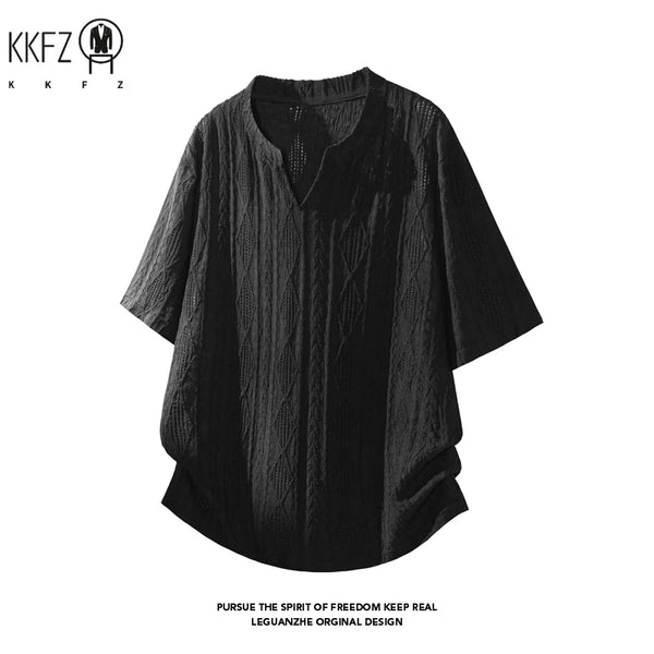 Male Lightweight Hollow Jacquard Short Sleeve Shirt V Notch Henley Neck Oversized Fit For Travel And Casual Outing