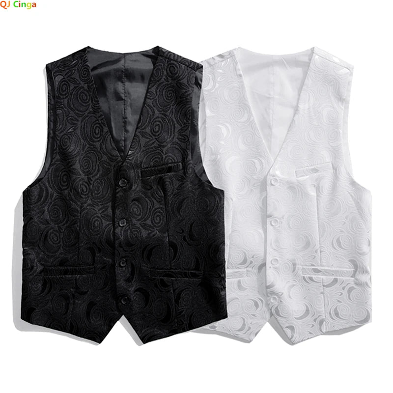 Men's Roses Embroidered V-neck Sleeveless Vest Jacket,White,Black Single-breasted Button Suit Vests, Asian Size Male Waistcoat
