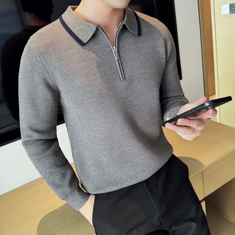 Men's Half Zip Polo Neck Knit Sweater, Color Block Design, Thick Winter Pullover, Business Casual High Collar Jumper