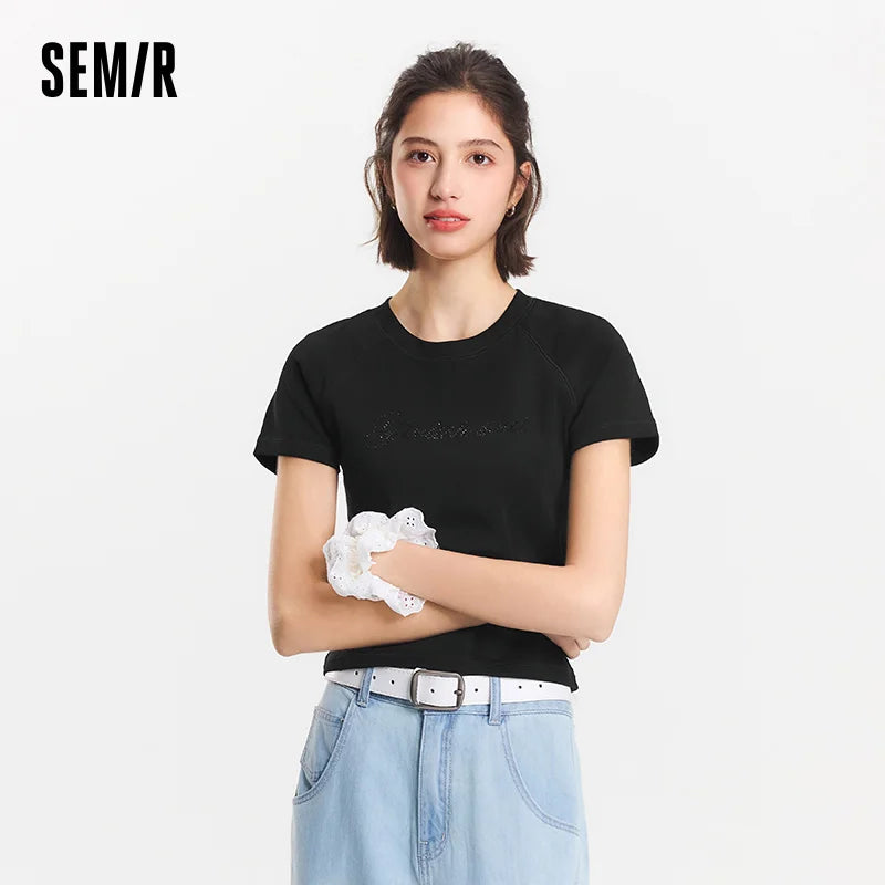 Semir Letter Print Short Sleeve T-Shirt Women Raglan Sleeve Rhinestone Design 2025 Summer Fashion Elegant Top for Party Wear
