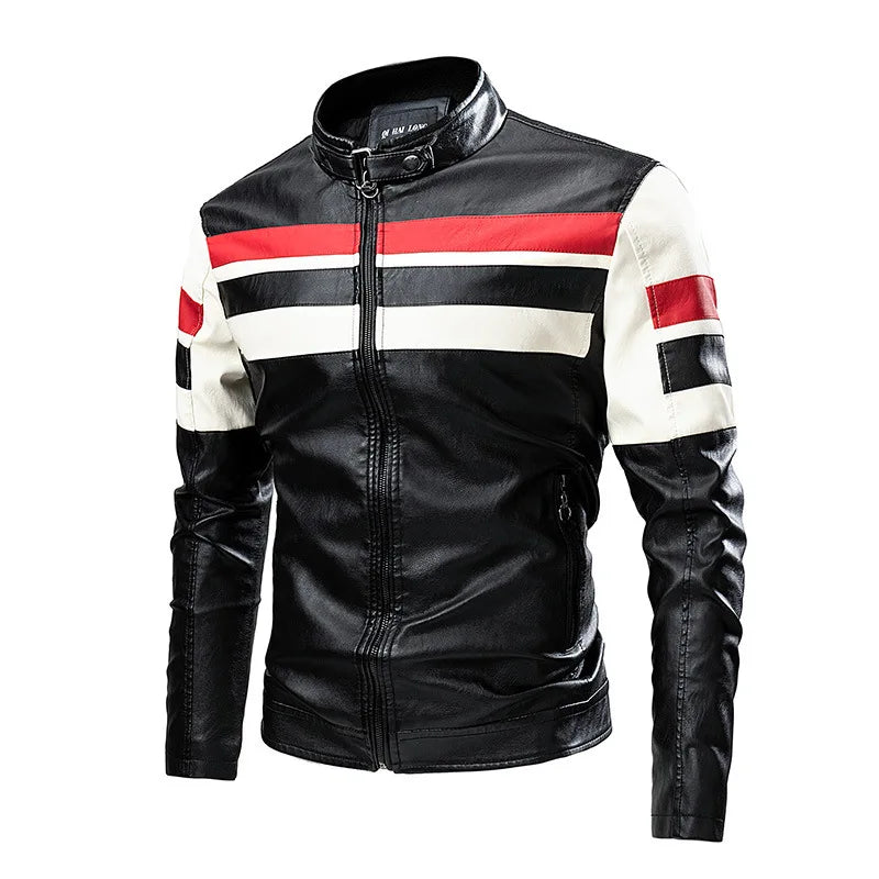 Autumn Men's Stand Collar Color-Block PU Jacket, Black Faux Leather Jackets, Spring Casual Coat. Asian Size Loose Fit Top.