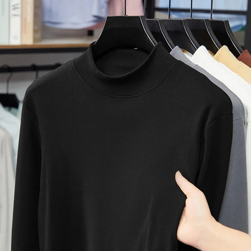 Mens Half Collar Long Sleeve Under Tops Soft Elastic Material Close Fitting Mock Neck Design Autumn Winter Daily Clothing