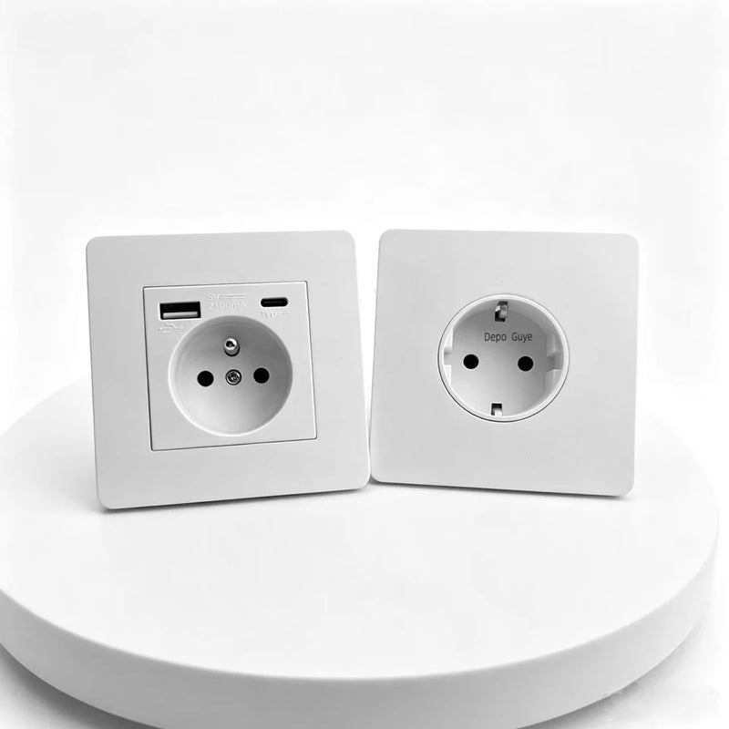 EU FR Power Socket ,Socket With Usb Charging Port and Type c White Stainless Steel Panel Russia Spain Wall Socket 5/10 PCS
