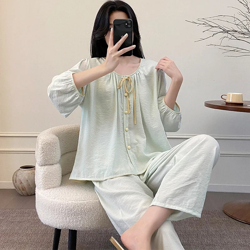 New Chest Pad Pajama Women 2 Piece Pijama Homewear Spring Summer Round Neck Top Sleepwear Suit Pyjamas Loungewear Home Clothes