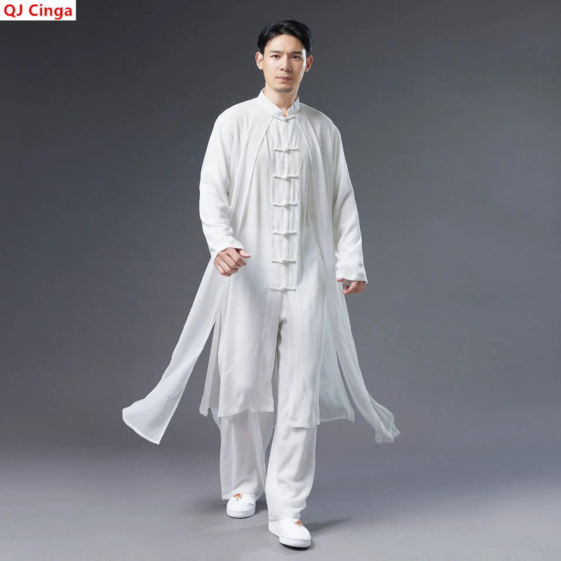 Chinese-style Men's White Trench Coat, Summer Black Cotton-linen Long Jacket.