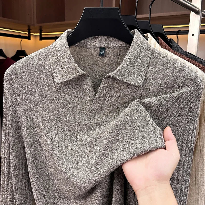 Spring Fall Men Lapel Knitted Pullover Polo Long Sleeve Vertical Ribbed Soft Light Business Daily Wear Tops