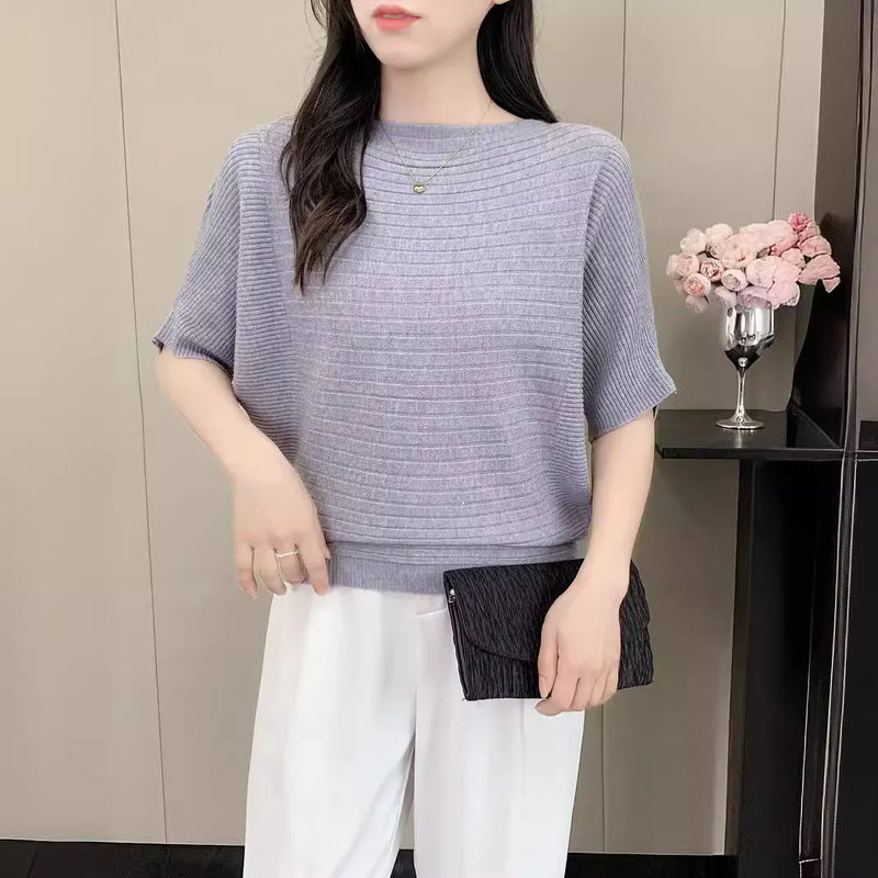 Female Jumper Korean Short Knitted Sweater One-word Collar Top Women's Five-quarter Sleeves Spring Autumn Pullover Shirt