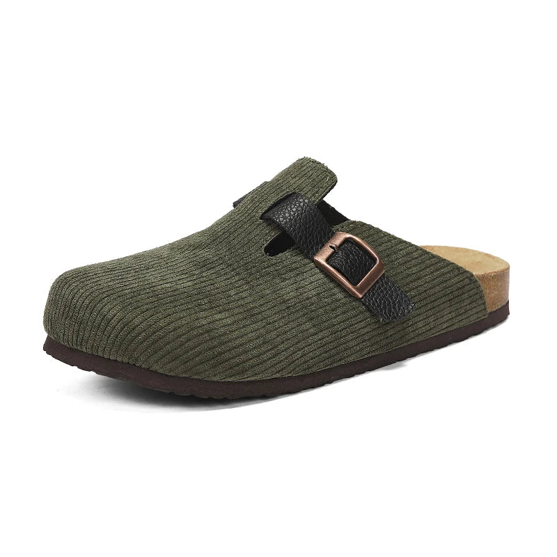 Men Women Corduroy Clogs, Adjustable Buckle Cork Footbed Mules, Closed-Toe Comfort Slip-On Shoes for Indoor & Outdoor