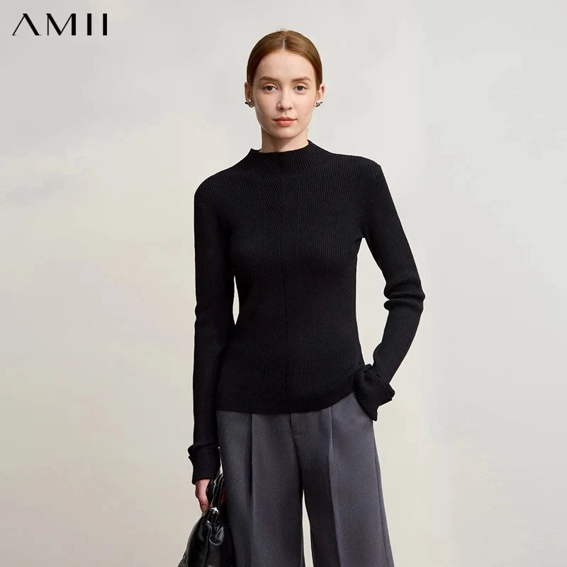 Amii Mock Neck Women Sweater 2026 Winter New Elegant Slim Knitted Tops For Woman Solid Soft Versatile Pullover Sweater 12544204
