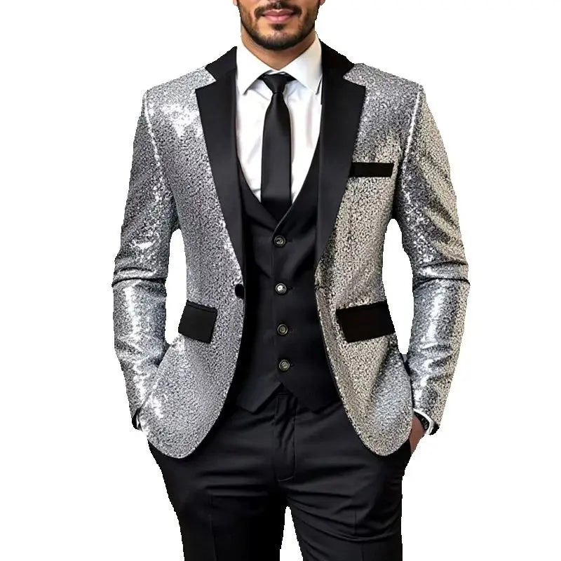Shiny Sequin Tuxedo Jacket for Men - Royal Blue & Gold Gradient, Black Lapel, Formal Party/Wedding/Stage Wear‌ Coat.