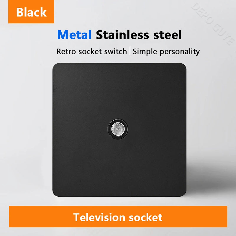Black Retro Toggle Wall Light Switch Socket,Stainless Steel Universal UK Electrical Outlets with USB Type-C charging For Home
