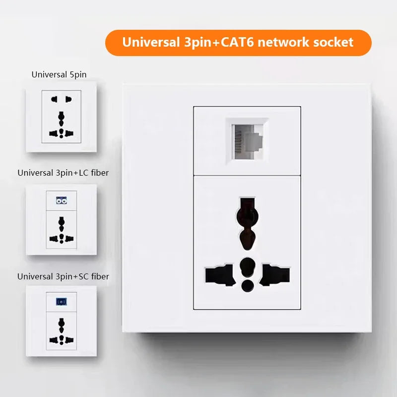 Universal 3-pin Wall Power Socket with Cat6 Network /HDML /USB Type-c/Fiber UK Wall PC Socket Intelligent Electrical Outlet plug