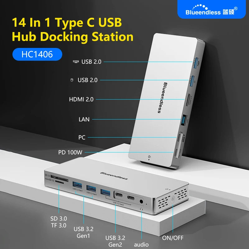 ស្ថានីយ៍ចត Blueendless 14 ក្នុង 1 ប្រភេទ C Hub 4K 60Hz HDTV Lan RJ45 អាដាប់ទ័រ 10Gbps USB 3.2 Hub SD/TF Reader 3.5mm Audio PD100W