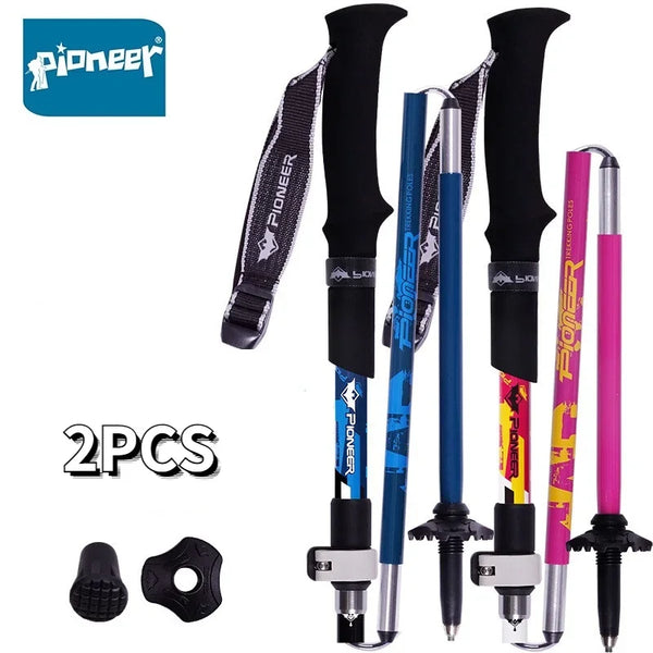 PIONEER 2pcs Carbon Fiber Folding Trekking Poles Ultralight Adjustable Collapsible Travel Hiking Nordic Walking Sticks XDL007
