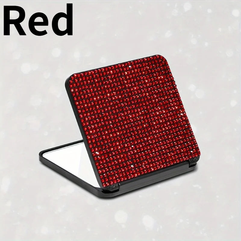 1PC Sparkling Rhinestone Portable Folding Makeup Mirror - Dual-Sided Square Design for Purses & Handbags, Make Up Mirror