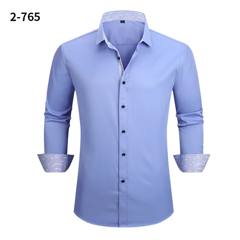 Men's Black Long-sleeve Stretch Shirt, Red Patchwork-trimmed Shirts, Commuter-style Single-Breasted Lapel Tops.