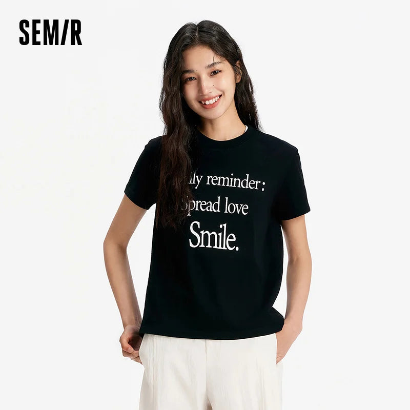 Semir Womens Tshirt 2026 Letter Printed Pure Cotton Regular Shoulder Crew Neck Trendy Casual Soft Daily Wear
