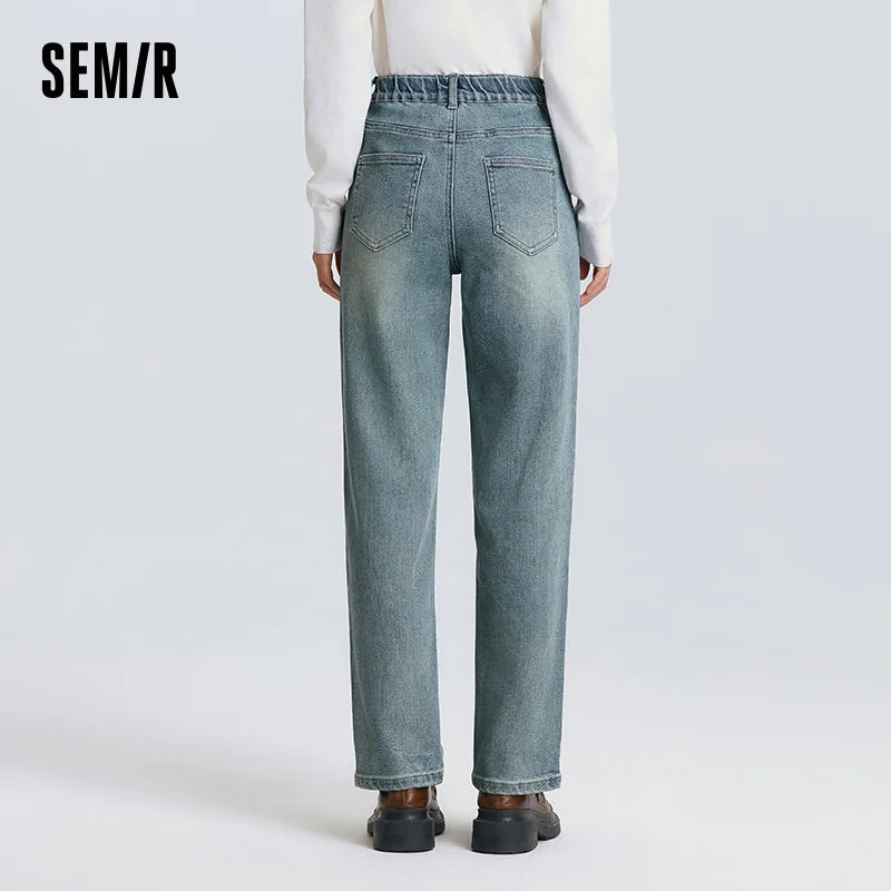 Semir Jeans Women 2026 Spring Half Elastic Waist Straight Pants Casual Fashion Trendy Trousers