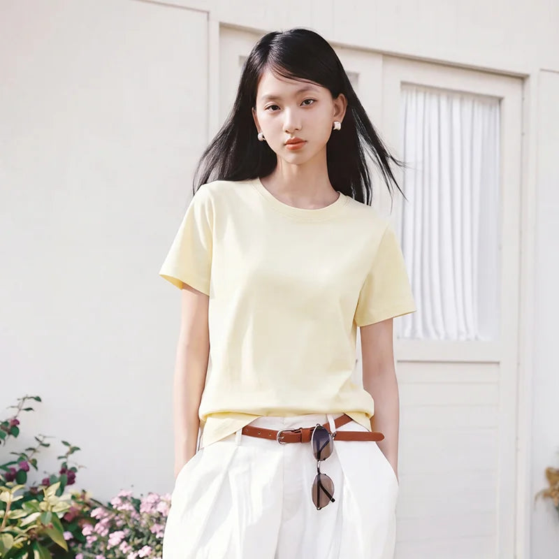 Semir Women Tshirt Solid Color Slim Fit Crew Neck Short Sleeve Summer 2026 Versatile Casual Everyday Fashion Top