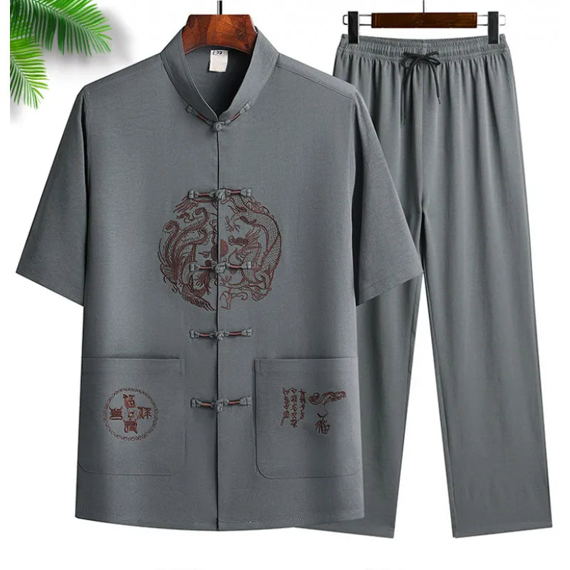 Chinese-style Men's Stand-collar Two-piece Set: A Summer Short-sleeve Shirt Paired with Cropped Pants. Red,Blue,Green,Khaki,Gray