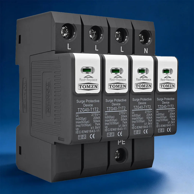 TOMZN TZG40-T1/T2 New Type Pluggable DIN Rail SPD AC 275V/385V 8/20μs 20–50kA 10/350μs 7kA Surge Protective Device for Lightning