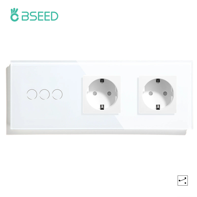 Bseed 1/2/3 Gang 2 Way Touch Light Switch with EU Socket and USB Type-C Port, Tempered Glass Wall Switch with Blue Backlight