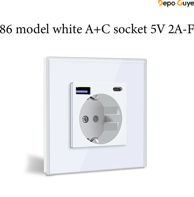 EU Standard 86x86mm Tempered Glass Wall Socket 16A Power Outlet with 5V 2A USB Type C or Dual USB for Home Hotel Office