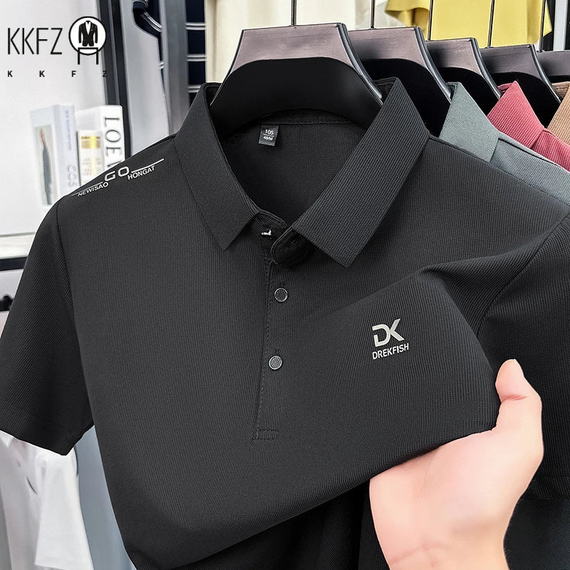 Mens Classic Short Sleeve Polo Shirt Lapel Style Chest Embroidery Detail Breathable Top For Daily Commute And Outdoor Use