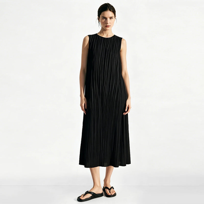 Amii Sleeveless Women's Dress 2026 Summer New Round Neck Tie Pleated Midi Dress Loose Fit Casual Elegant Woman Clothes 12622203