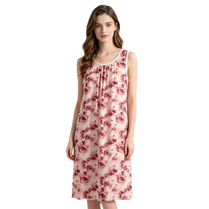 Women's Nightgown Night Dress Round-Neck Sleeveless Summer Nightgowns Woman Sleep Soft Lounge Dress for XL-6XL Pajamas Dress