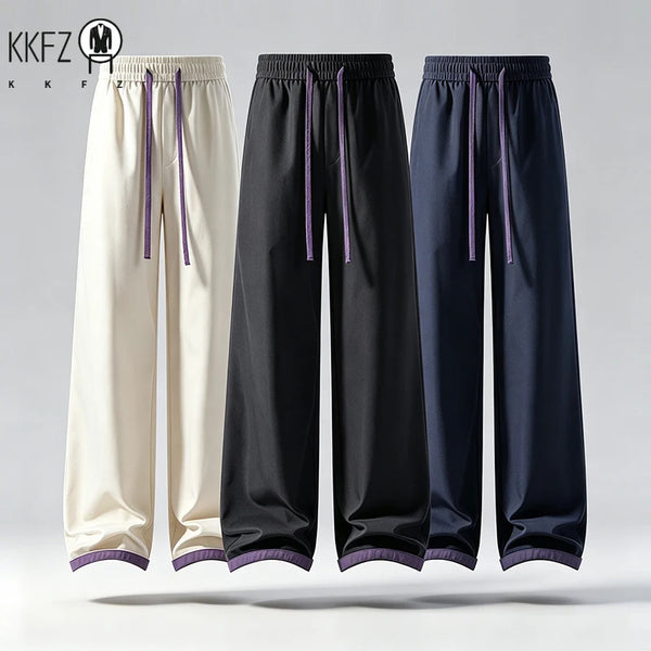 Relaxed Fit Mens Straight Pants Elastic Waistband Contrast Drawstring Detail Smooth Fabric Casual Bottoms For Short Travel