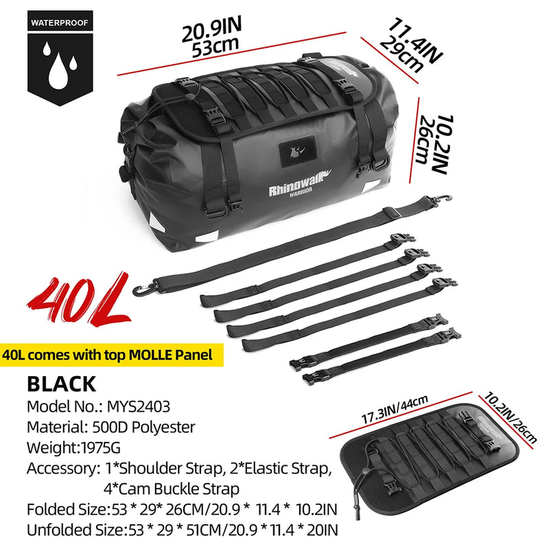 Rhinowalk Motorcycle Back Seat Bag Waterproof Dry Reflective Tail Bag 20L/40L/65L With MOLLE Expansion PanelAir Valve Backpack