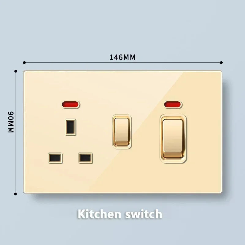Deluxe Gold Tempered Glass Universal Dual power outlet,UK 13A Wall plug socket with 20W Fast charge,Home Electrical Light Switch
