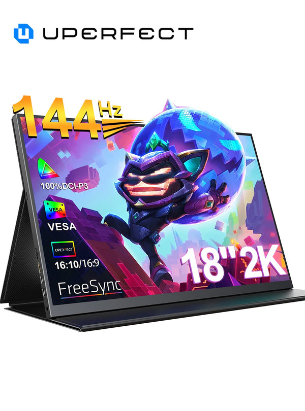 ម៉ូនីទ័រចល័ត UPERFECT ទំហំ 18 អ៊ីញ 2.5K 100% DCI-P3 144Hz អេក្រង់លេងហ្គេម IPS LCD Panel Matte Mobile Screen FreeSync HDR ជាមួយ VESA