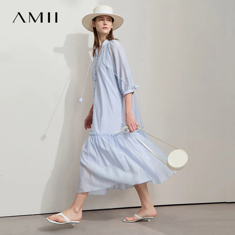 រ៉ូបការិយាល័យ AMII Minimalist សម្រាប់ស្ត្រីឆ្នាំ ២០២៦ រដូវក្តៅថ្មីដៃខ្លីក V រ៉ូបរឹងជ្រួញសម្រាប់ស្ត្រី ១២៥៤២១០៥