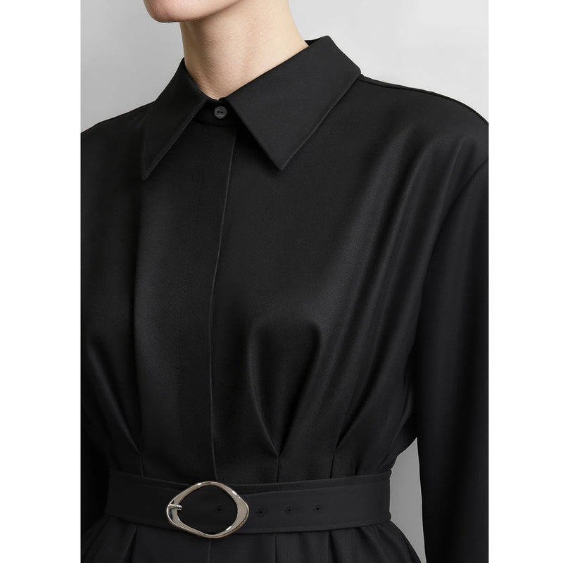 Amii Slim Women's Dress 2026 Autumn New Lapel Collar Office A-Line Midi Dresses D-ring Belt Long Sleeve Woman Clothes 12623020