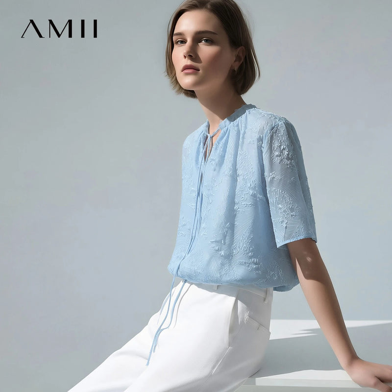 Amii Women's Blouse 2026 Summer New French Style Short Sleeve Tie Neck Chiffon Top Office Loose Women's Elegant Blouses 12642053