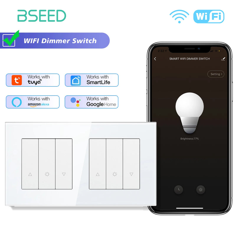 BSEED WIFI Dimmer Switch 1/2/3/4Gang Smart Click Button Switch Glass Panel White LED Indicator Tuya Smart Life Alexa Control