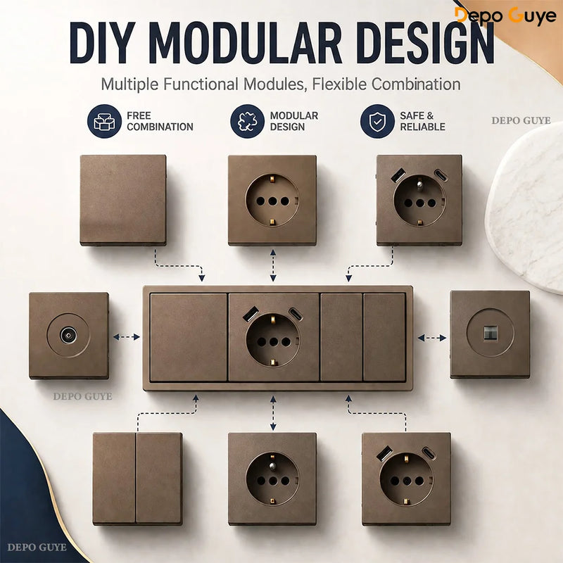 Brown EU Russia Socket with USB TypeC+A Double French 1 2 Gang TV Computer CAT6 Switch DIY Function Parts Plastic Frames