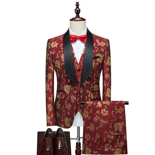 Men's Blue Jacquard Fabric Suit 3-Piece, Fashion Slim-Fit Blazer Jacket Trousers Vest, Spring  Autumn New Men Sets, Asian Size