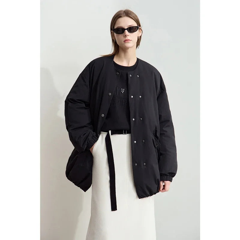 AMII Minimalism Women's Down Jacket 2026 Winter Casual Warm Round Neck Ultra-loose Long Sleeve Solid Versatile Overcoat 12444112