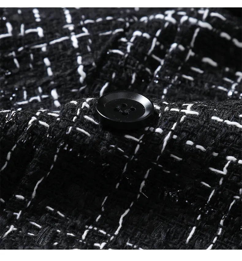 Men's Black Striped Long-sleeve Jacket for Spring and Fall; White Checkered Single-breasted Lapel Coat; Unisex Loose-fit Top.
