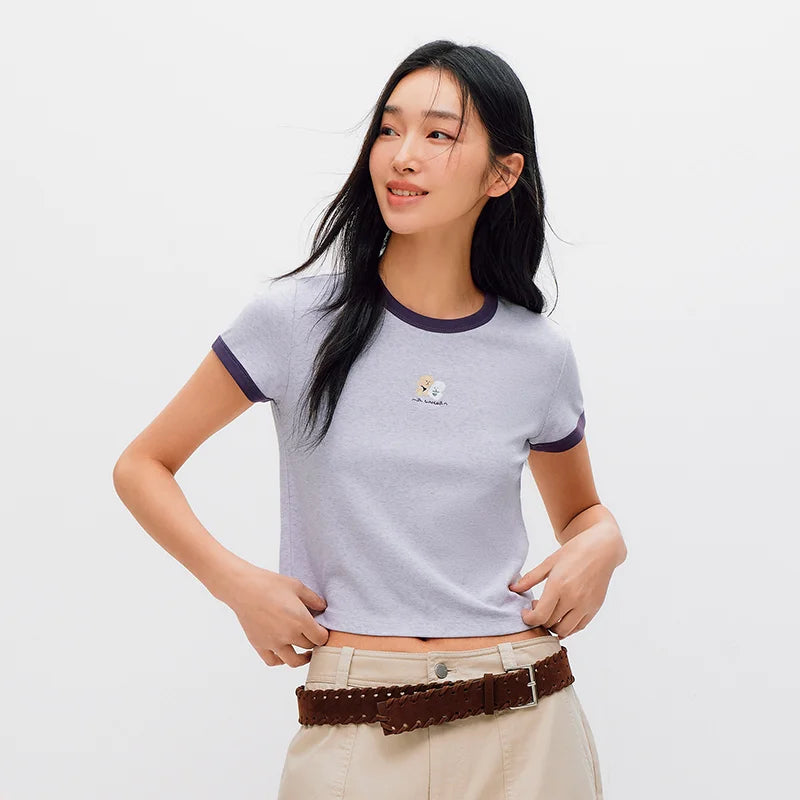 Semir Women Tshirt Cropped Slim Contrast Short Sleeve Summer 2026 Casual Graphic Print Everyday Fashion Top Tee